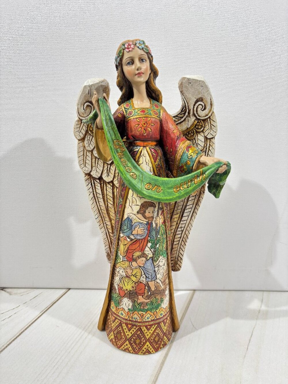 Roman Inc Peace on Earth Wooden Angel Embossed Carved Shepherd Sheep 12.5"